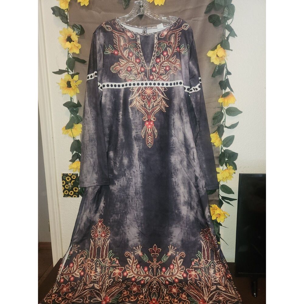 Boho Tie Dye Floral Embroidered Graphic Maxi Dress Long Sleeve Caftan Plus 3XL